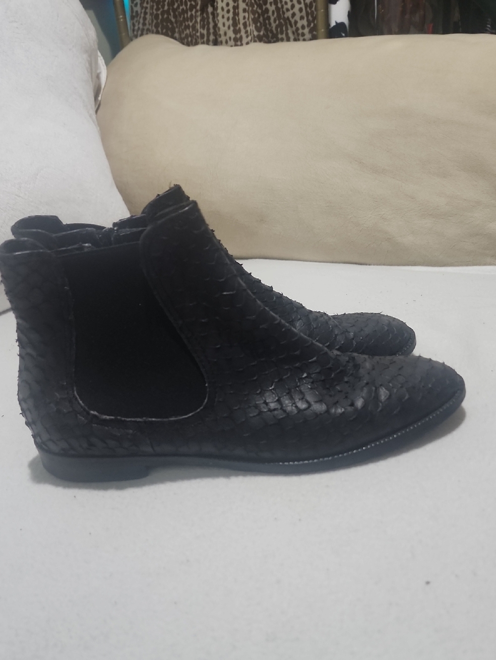 Black Textured Chelsea Boots Authentic python Leather .